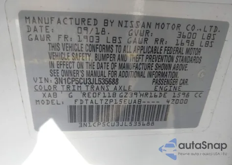 2018 Nissan Kicks Sr из США, поврежденный, VIN 3N1CP5CU3JL535688